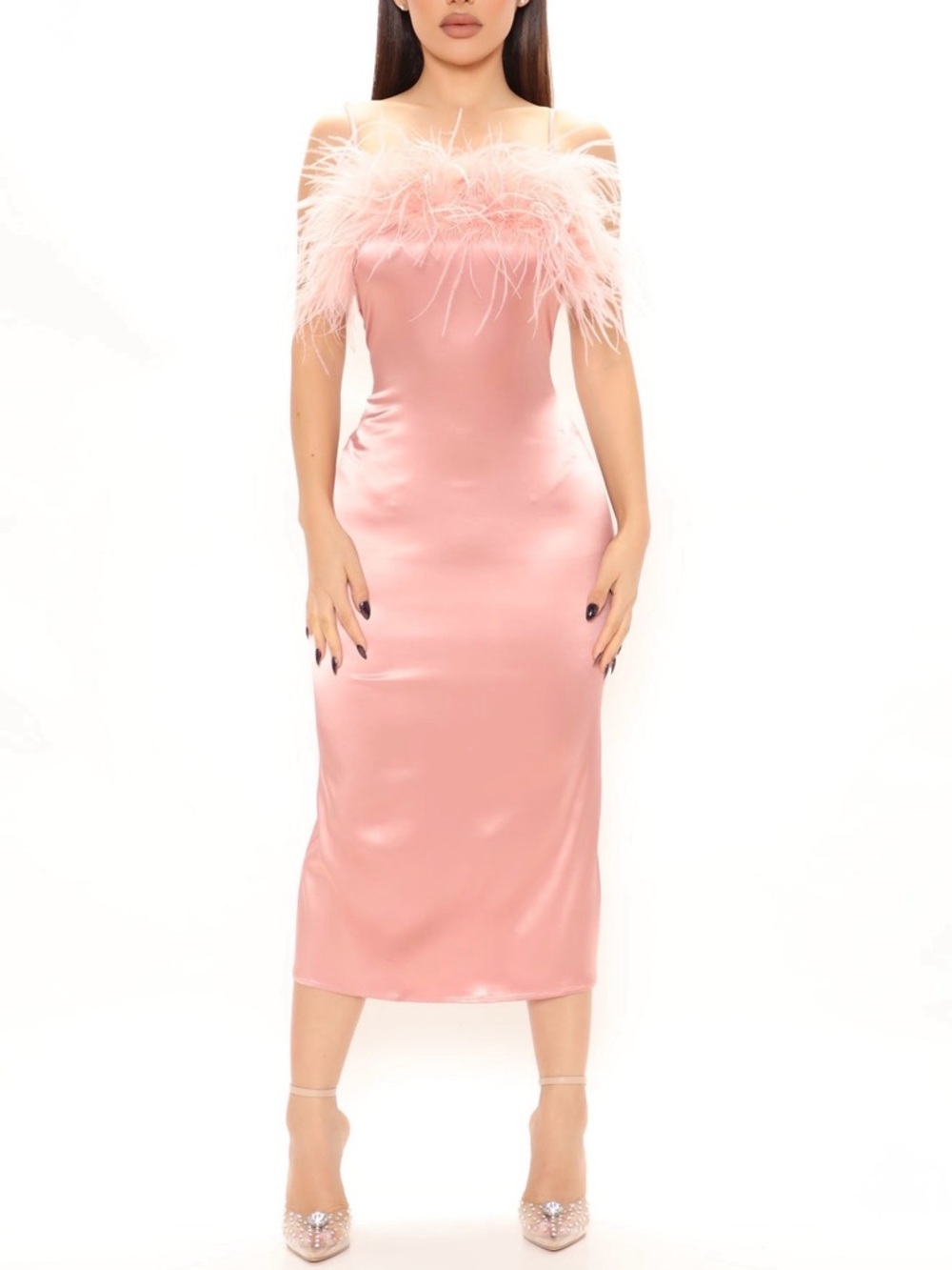BRAND NEW pink feather trim midi dress 🎀